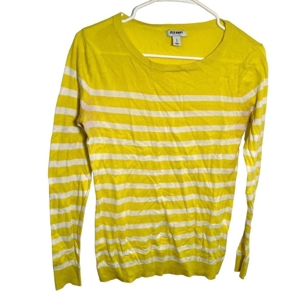 Old Navy Women's Size Small Boatneck Sweater Yellow Green White Stripes Cotton